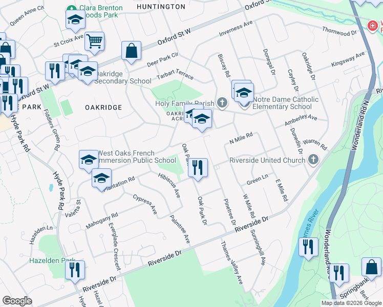 map of restaurants, bars, coffee shops, grocery stores, and more near 527 Oak Park Drive in London