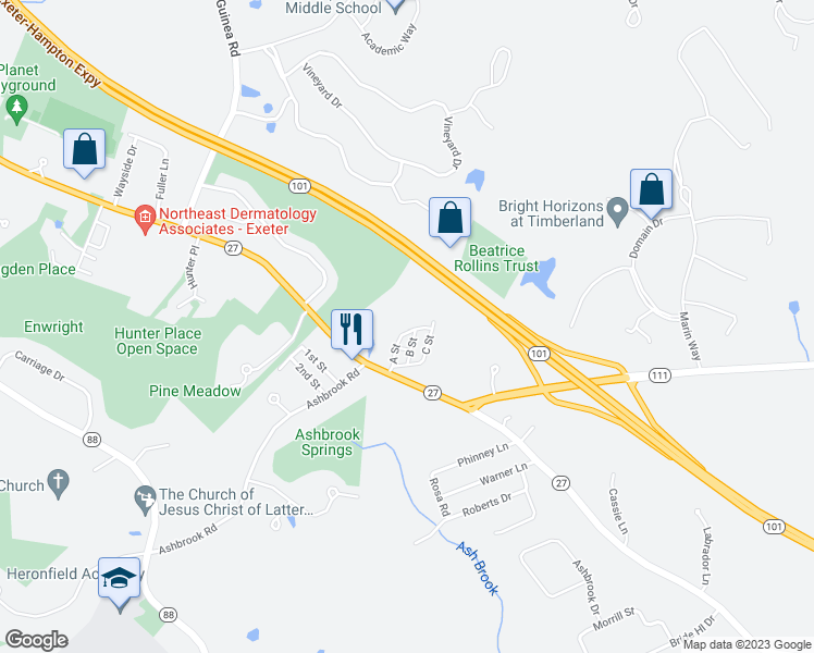 map of restaurants, bars, coffee shops, grocery stores, and more near 53 Hampton Road in Exeter
