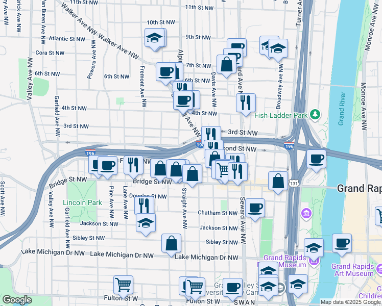 map of restaurants, bars, coffee shops, grocery stores, and more near 740 Second Street Northwest in Grand Rapids