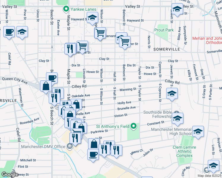 map of restaurants, bars, coffee shops, grocery stores, and more near 55 South Hall Street in Manchester