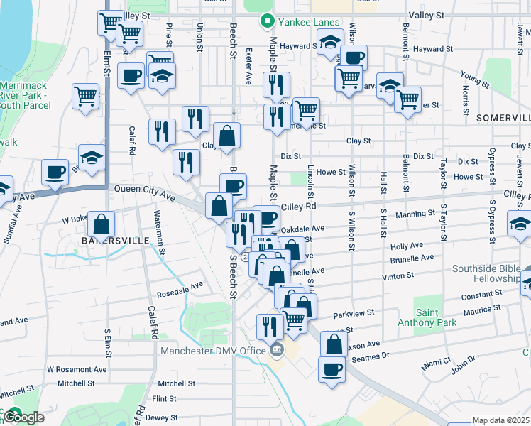 map of restaurants, bars, coffee shops, grocery stores, and more near 16 Cherry Avenue in Manchester