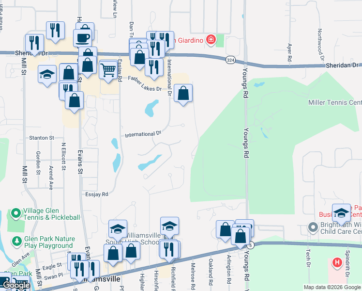 map of restaurants, bars, coffee shops, grocery stores, and more near 131 Lake Ledge Drive in Buffalo
