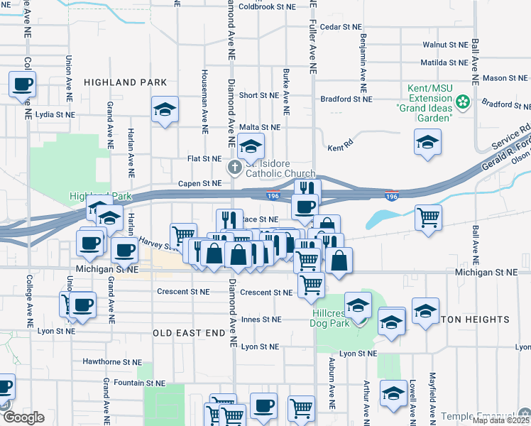 map of restaurants, bars, coffee shops, grocery stores, and more near 466 Spring Avenue Northeast in Grand Rapids