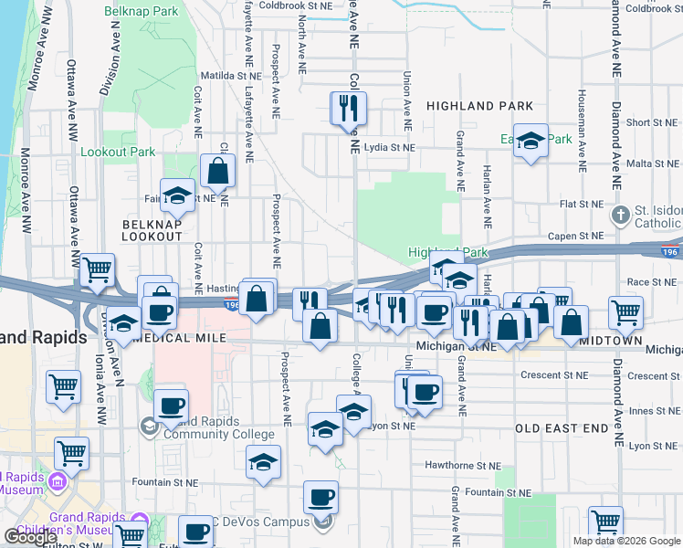 map of restaurants, bars, coffee shops, grocery stores, and more near 507 College Avenue Northeast in Grand Rapids