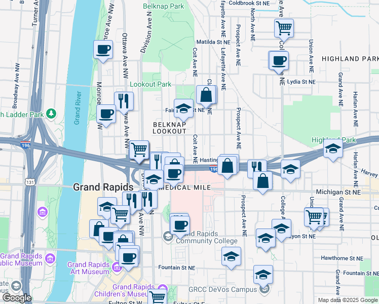 map of restaurants, bars, coffee shops, grocery stores, and more near 129 Hastings Street Northeast in Grand Rapids