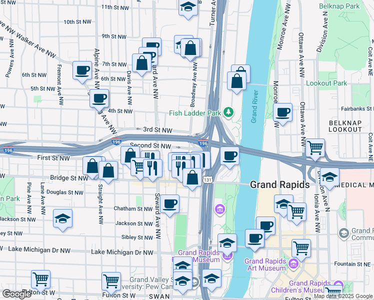 map of restaurants, bars, coffee shops, grocery stores, and more near 425 First Street Northwest in Grand Rapids