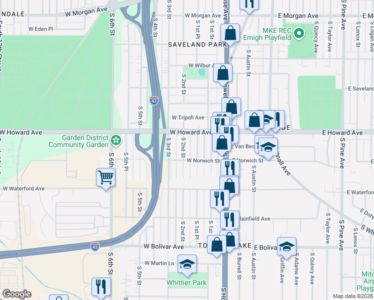 map of restaurants, bars, coffee shops, grocery stores, and more near 3977 South 2nd Street in Milwaukee