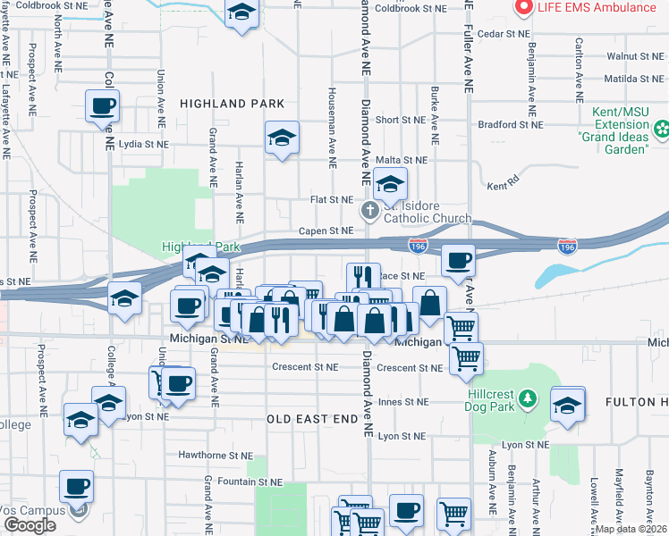 map of restaurants, bars, coffee shops, grocery stores, and more near 466 Houseman Avenue Northeast in Grand Rapids