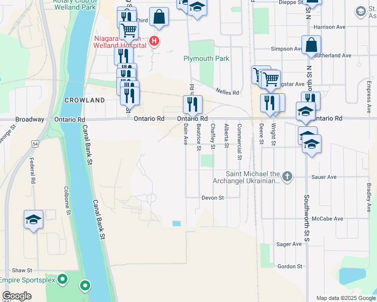 map of restaurants, bars, coffee shops, grocery stores, and more near 123 Dain Avenue in Welland