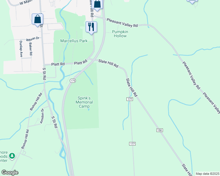 map of restaurants, bars, coffee shops, grocery stores, and more near 4173 Slate Hill Road in Marcellus
