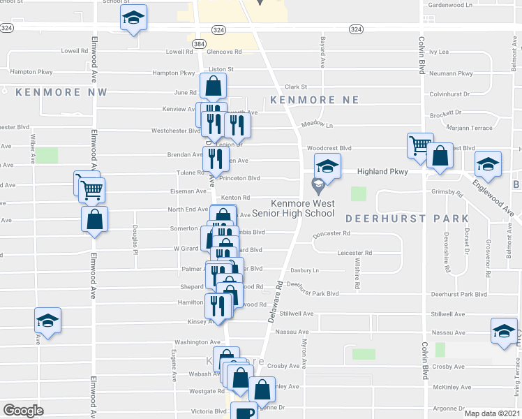 map of restaurants, bars, coffee shops, grocery stores, and more near 76 Enola Avenue in Buffalo