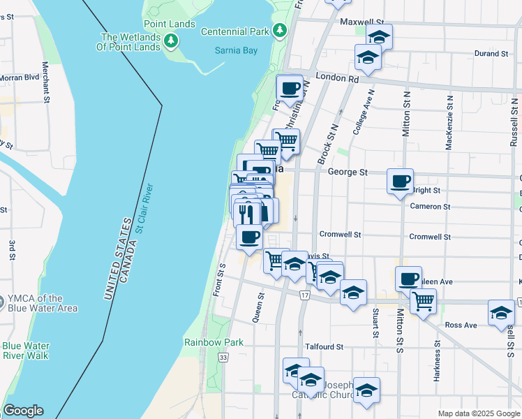 map of restaurants, bars, coffee shops, grocery stores, and more near 170 Christina Street North in Sarnia