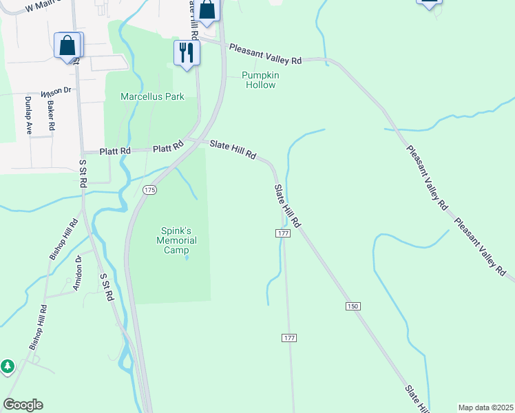 map of restaurants, bars, coffee shops, grocery stores, and more near 4173 Slate Hill Road in Marcellus