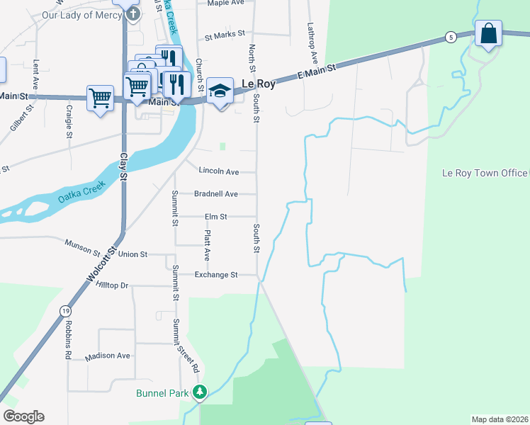 map of restaurants, bars, coffee shops, grocery stores, and more near 71 South Street in Le Roy