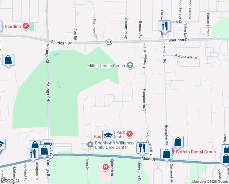 map of restaurants, bars, coffee shops, grocery stores, and more near 103 Brockton Ridge in Buffalo