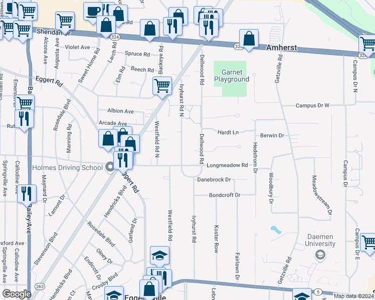 map of restaurants, bars, coffee shops, grocery stores, and more near 596 Longmeadow Road in Buffalo