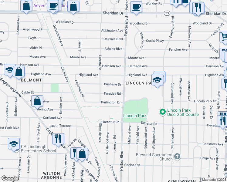 map of restaurants, bars, coffee shops, grocery stores, and more near 343 Faraday Road in Buffalo