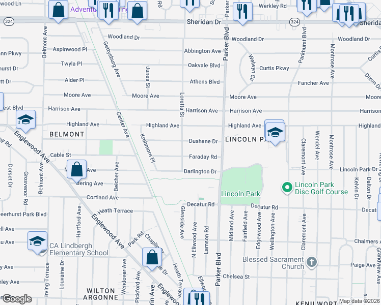 map of restaurants, bars, coffee shops, grocery stores, and more near 343 Faraday Road in Buffalo