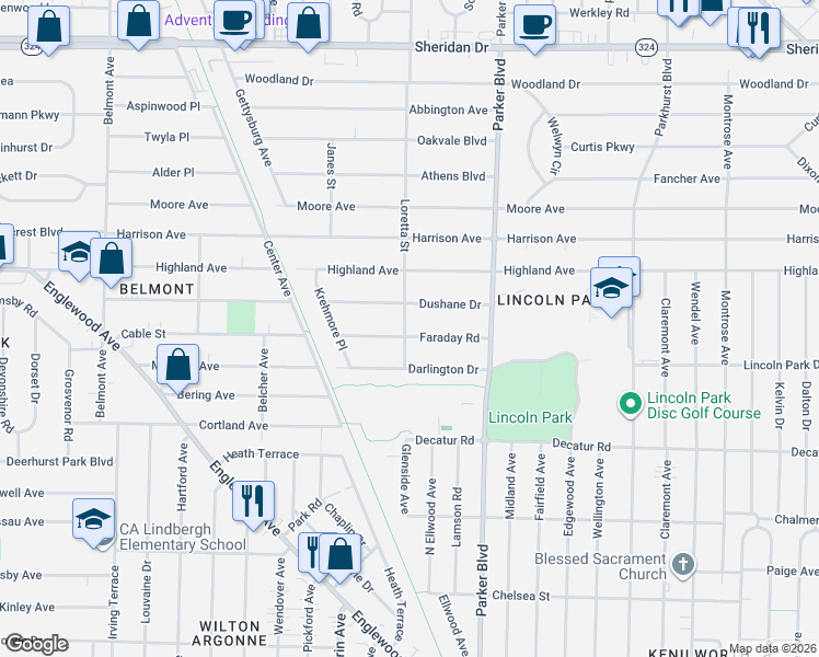 map of restaurants, bars, coffee shops, grocery stores, and more near 301 Faraday Road in Buffalo