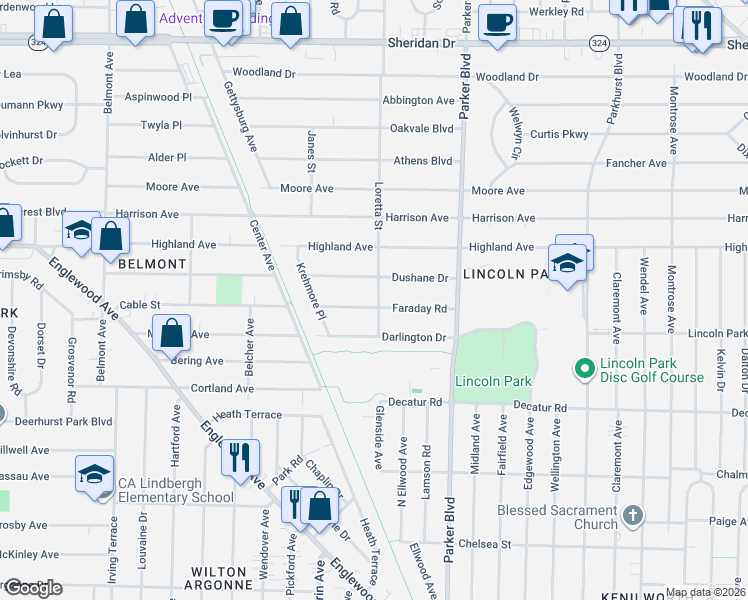 map of restaurants, bars, coffee shops, grocery stores, and more near 301 Faraday Road in Buffalo