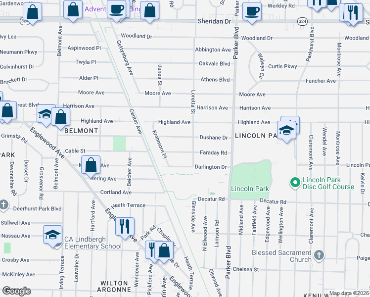 map of restaurants, bars, coffee shops, grocery stores, and more near 301 Faraday Road in Buffalo