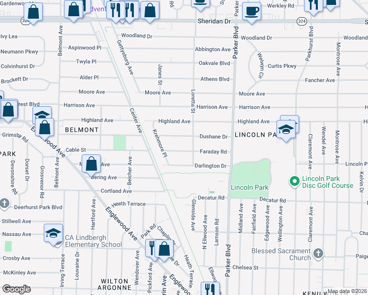 map of restaurants, bars, coffee shops, grocery stores, and more near 301 Faraday Road in Buffalo