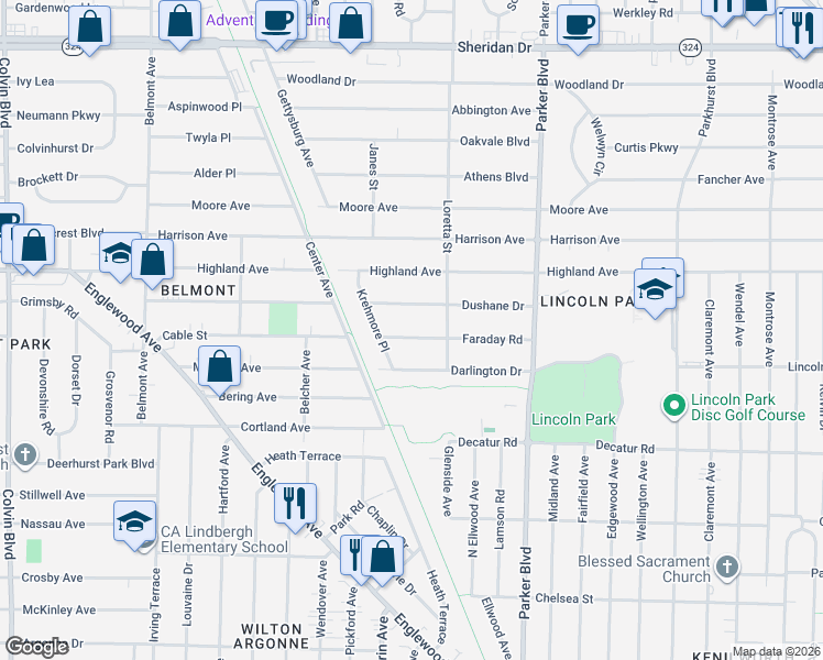 map of restaurants, bars, coffee shops, grocery stores, and more near 261 Faraday Road in Buffalo