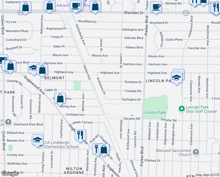 map of restaurants, bars, coffee shops, grocery stores, and more near 261 Faraday Road in Buffalo