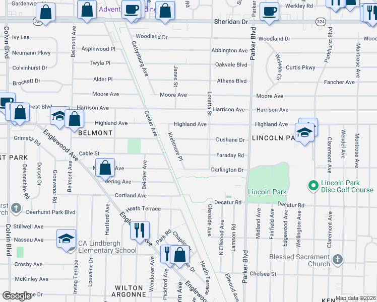 map of restaurants, bars, coffee shops, grocery stores, and more near 261 Faraday Road in Buffalo