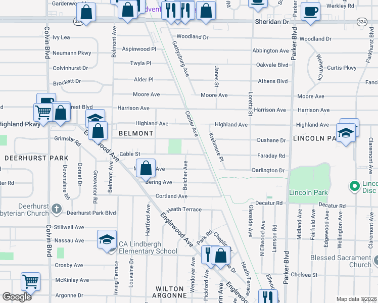 map of restaurants, bars, coffee shops, grocery stores, and more near 154 Moulton Avenue in Buffalo