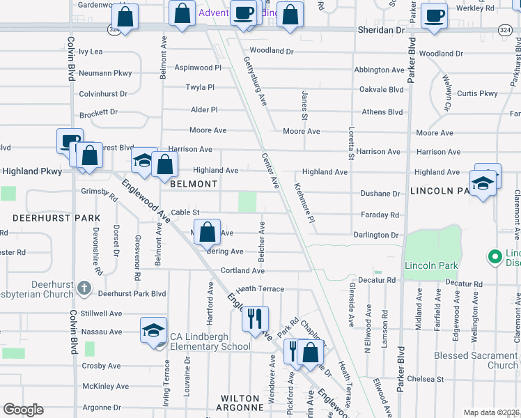 map of restaurants, bars, coffee shops, grocery stores, and more near 118 Moulton Avenue in Buffalo