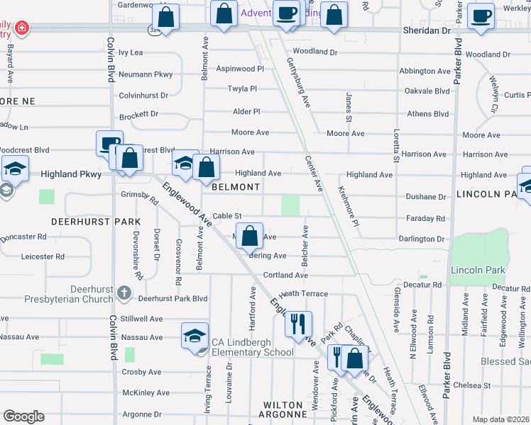 map of restaurants, bars, coffee shops, grocery stores, and more near 74 Moulton Avenue in Buffalo