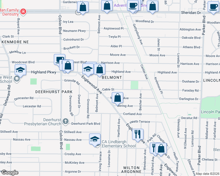 map of restaurants, bars, coffee shops, grocery stores, and more near 1023 Englewood Avenue in Buffalo