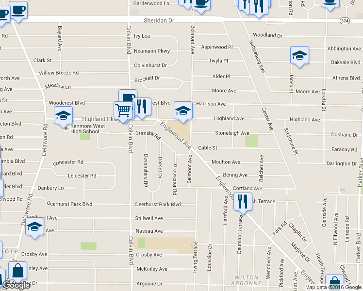 map of restaurants, bars, coffee shops, grocery stores, and more near 336 Grimsby Road in Buffalo