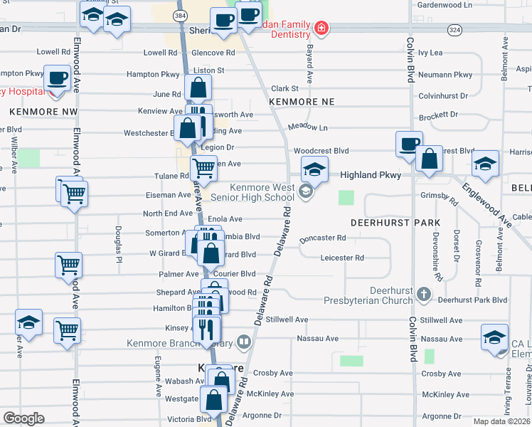 map of restaurants, bars, coffee shops, grocery stores, and more near 112 Columbia Boulevard in Buffalo