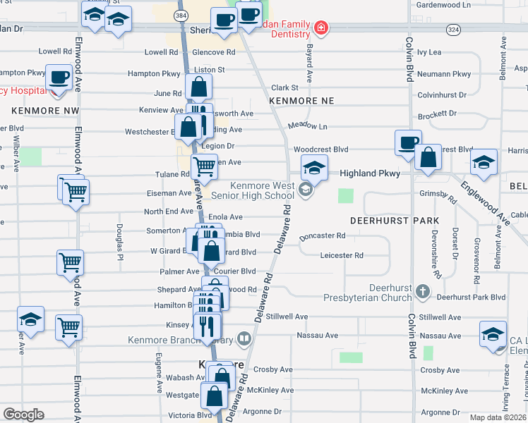 map of restaurants, bars, coffee shops, grocery stores, and more near 112 Columbia Boulevard in Buffalo