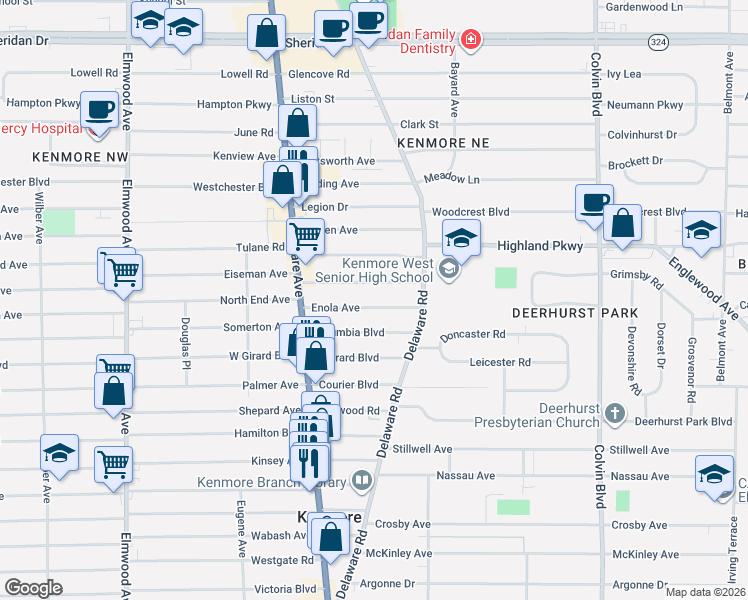 map of restaurants, bars, coffee shops, grocery stores, and more near 68 Columbia Boulevard in Buffalo
