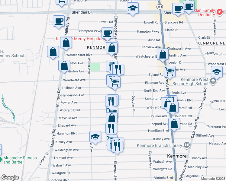 map of restaurants, bars, coffee shops, grocery stores, and more near 2740 Elmwood Avenue in Kenmore