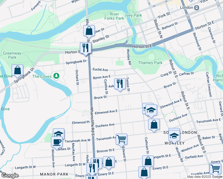 map of restaurants, bars, coffee shops, grocery stores, and more near 42 Bruce Street in London