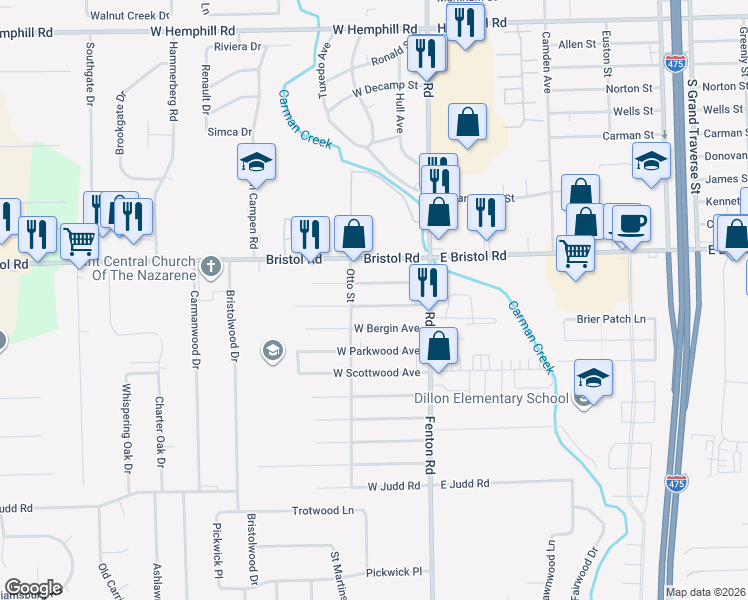 map of restaurants, bars, coffee shops, grocery stores, and more near 1072 West Bergin Avenue in Flint