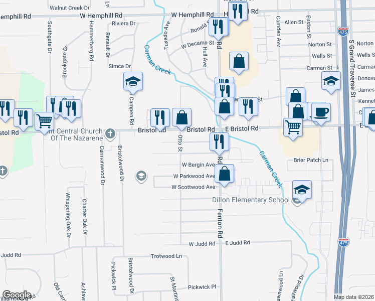 map of restaurants, bars, coffee shops, grocery stores, and more near 1072 West Bergin Avenue in Flint