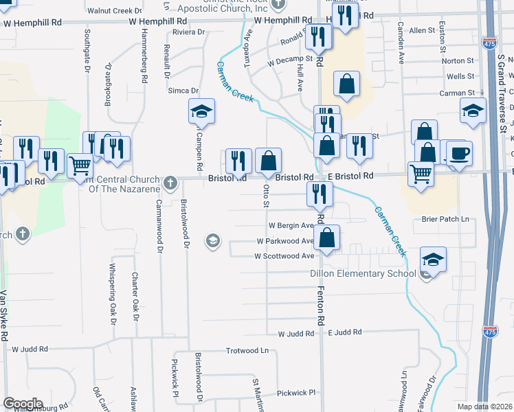 map of restaurants, bars, coffee shops, grocery stores, and more near 1112 West Bergin Avenue in Flint