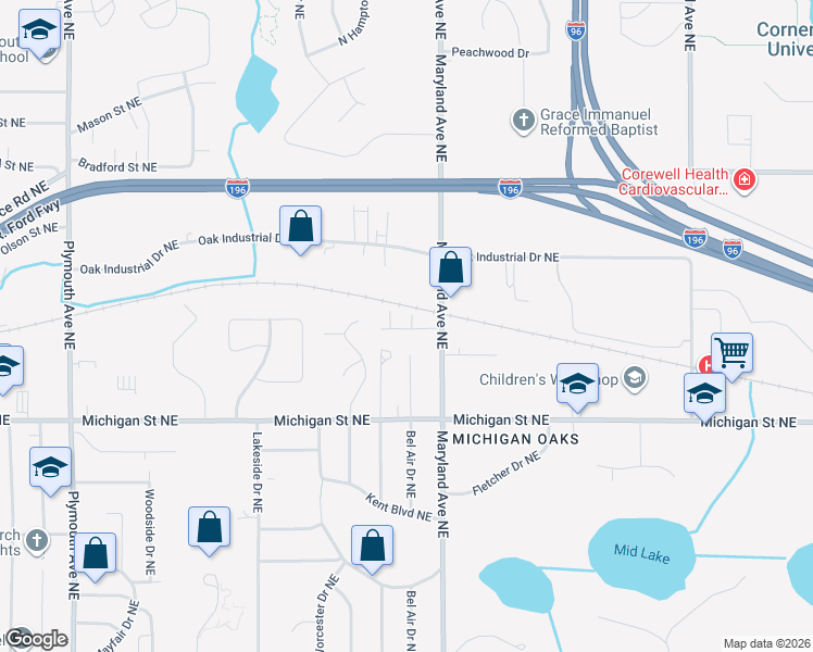 map of restaurants, bars, coffee shops, grocery stores, and more near 470 Baltimore Drive Northeast in Grand Rapids