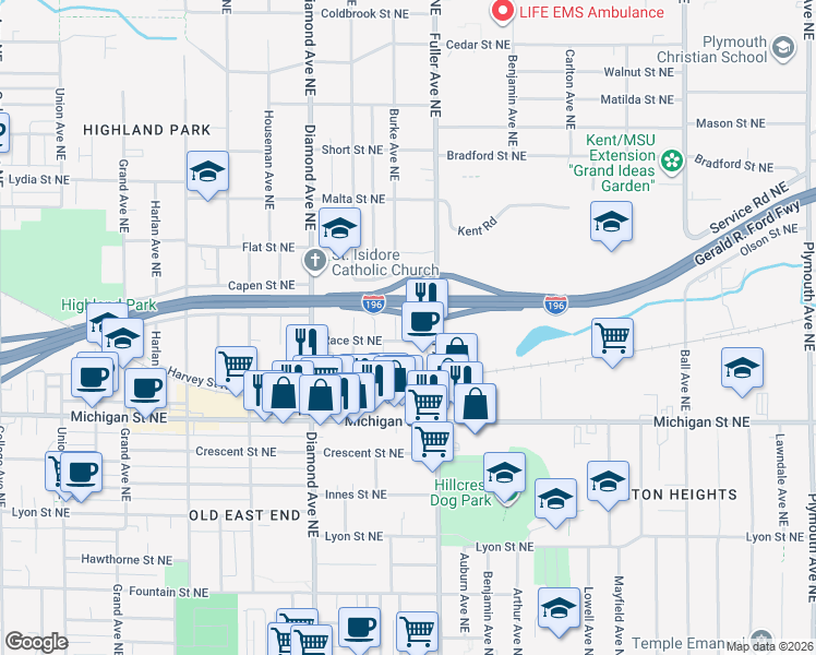 map of restaurants, bars, coffee shops, grocery stores, and more near 1100 Race Street Northeast in Grand Rapids
