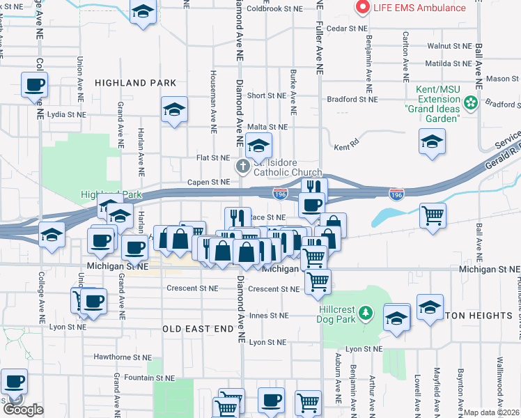 map of restaurants, bars, coffee shops, grocery stores, and more near 1014 Race Street Northeast in Grand Rapids