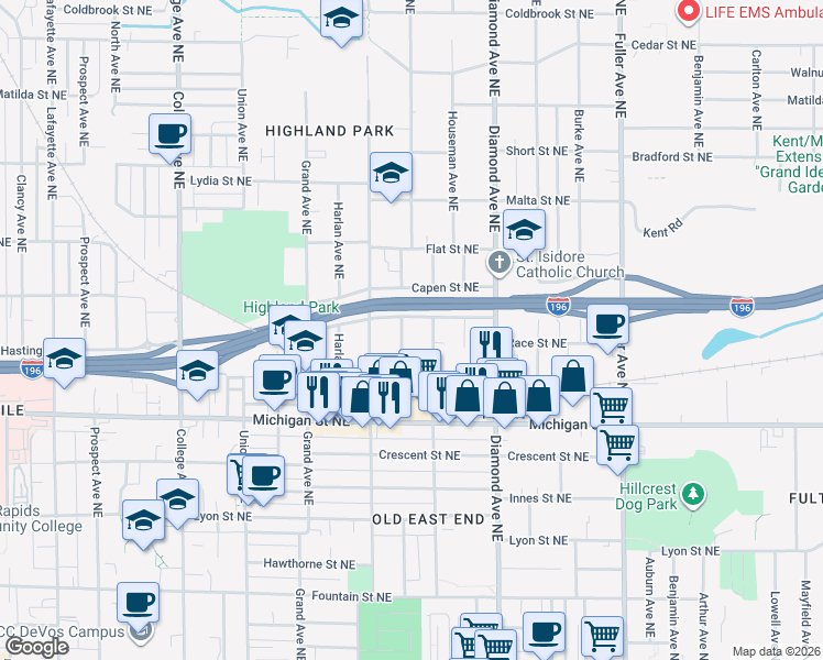 map of restaurants, bars, coffee shops, grocery stores, and more near 467 Emerald Avenue Northeast in Grand Rapids