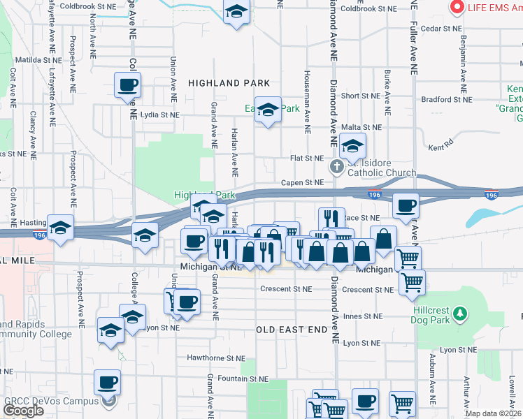 map of restaurants, bars, coffee shops, grocery stores, and more near 467 Emerald Avenue Northeast in Grand Rapids