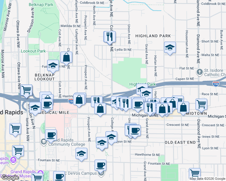 map of restaurants, bars, coffee shops, grocery stores, and more near 507 College Avenue Northeast in Grand Rapids