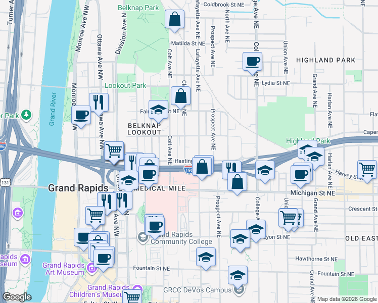 map of restaurants, bars, coffee shops, grocery stores, and more near 224 Hastings Street Northeast in Grand Rapids