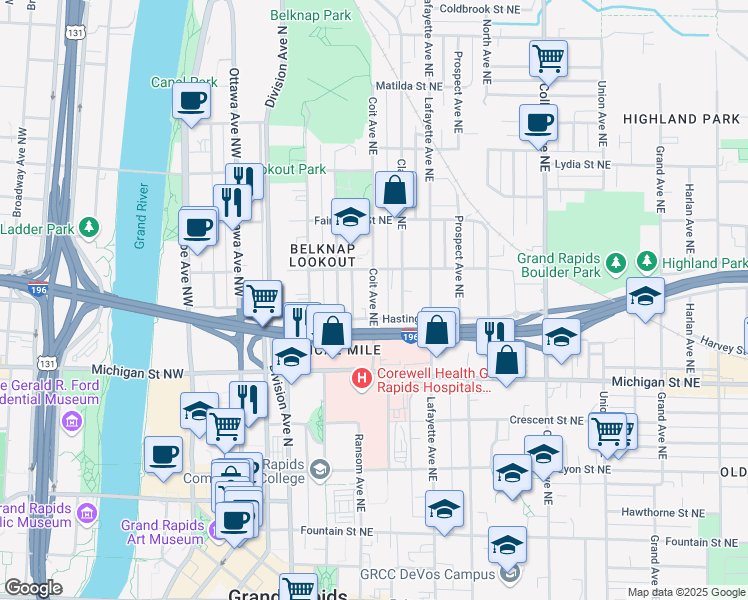 map of restaurants, bars, coffee shops, grocery stores, and more near 129 Hastings Street Northeast in Grand Rapids